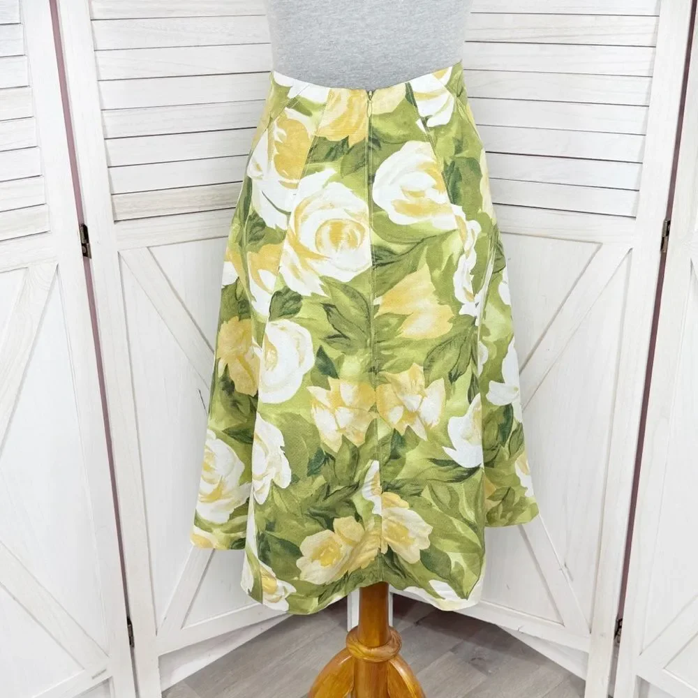 Premise Floral Roses Linen Blend A Line Flare Midi Skirt Lime Green Yellow 4‎